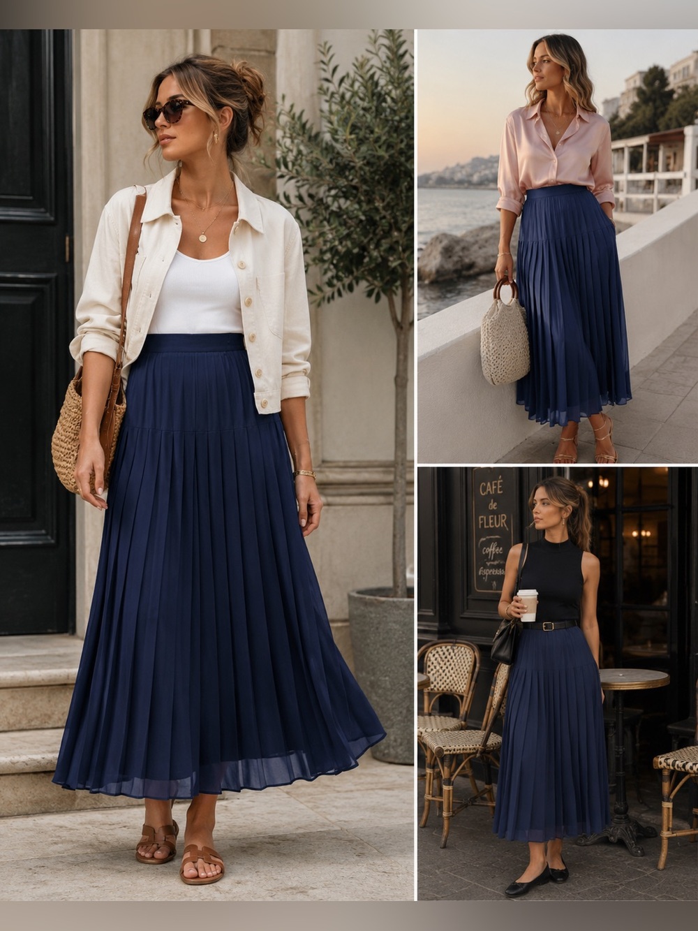 Vintage Pleated Midi Skirt in Deep Blue - Classic Women's Style